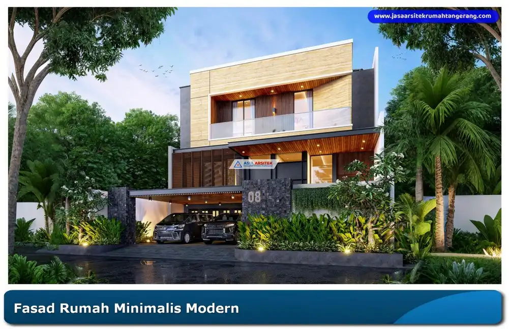 Fasad rumah minimalis modern dengan material batu alam dan warna netral