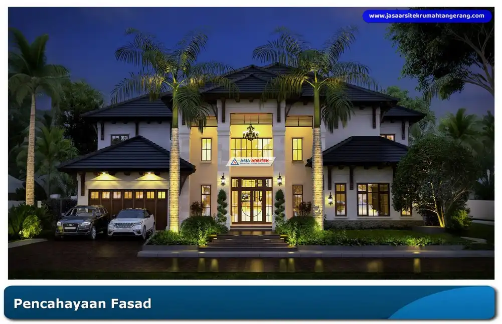 Pencahayaan malam hari pada fasad rumah minimalis modern