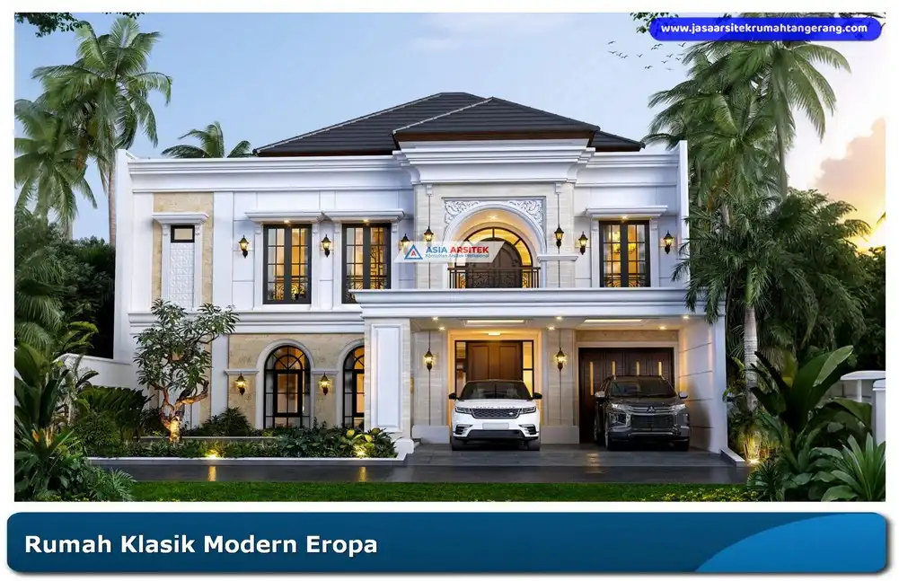 Rumah klasik Eropa 2 lantai dengan jendela besar dan warna netral