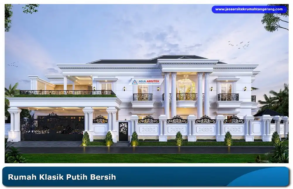 Rumah klasik 2 lantai full putih dengan balkon dan pagar besi