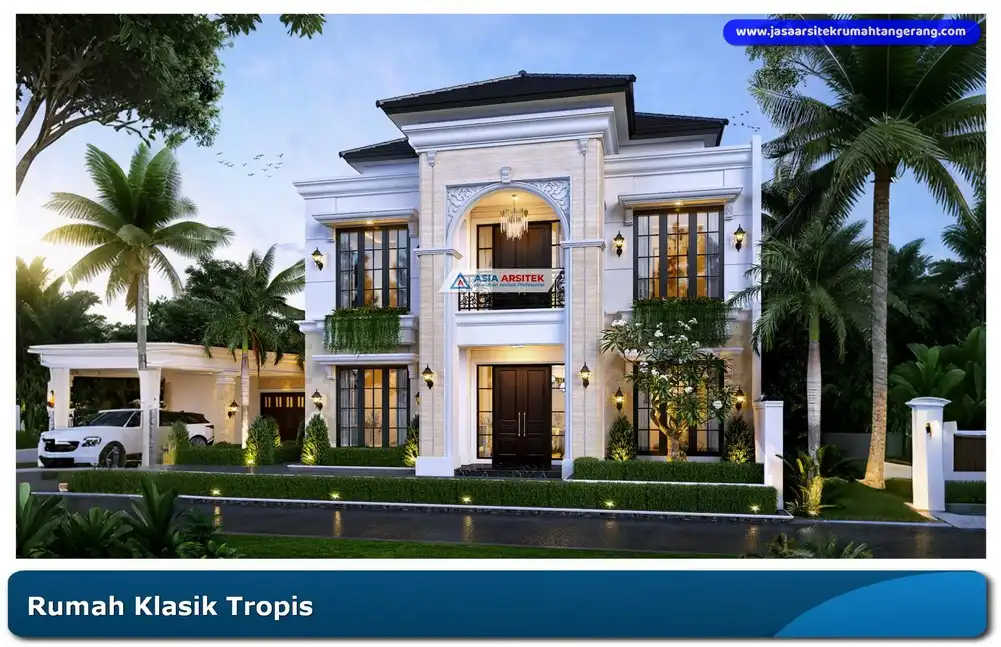 Rumah klasik tropis 2 lantai dengan jendela kayu dan atap limasan