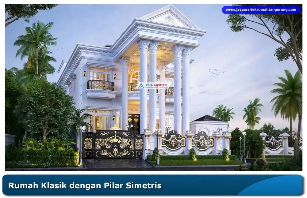 Rumah klasik 2 lantai dengan 4 pilar depan dan jendela simetris
