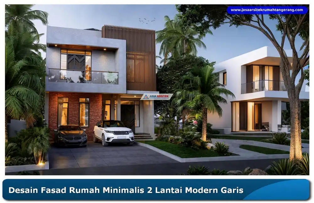 Gambar rumah minimalis tampak depan 2 lantai dengan garis tegas dan warna netral