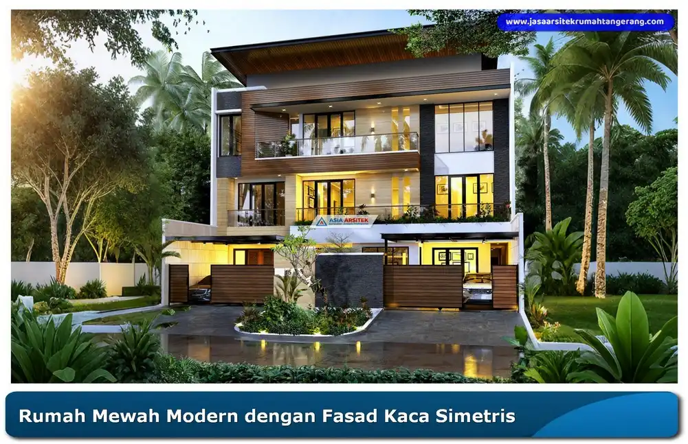 Fasad rumah mewah modern kaca simetris