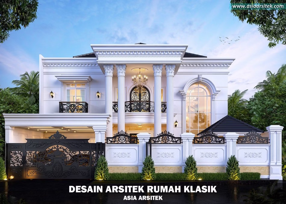 Desain rumah klasik 2 lantai mewah dengan pilar besar dan kolam renang pribadi