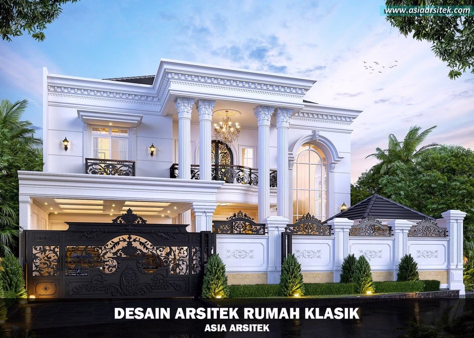 Desain rumah klasik 2 lantai mewah dengan pilar besar dan kolam renang pribadi