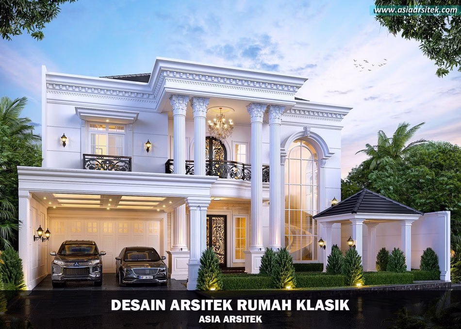 Desain rumah klasik 2 lantai mewah dengan pilar besar dan kolam renang pribadi