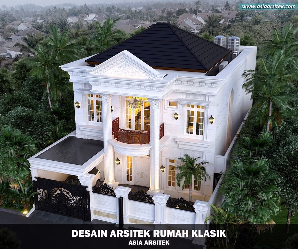 Desain rumah klasik 2 lantai di lahan terbatas dengan tampilan megah dan interior elegan