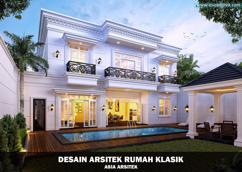 Desain rumah klasik 2 lantai mewah dengan pilar besar dan kolam renang pribadi