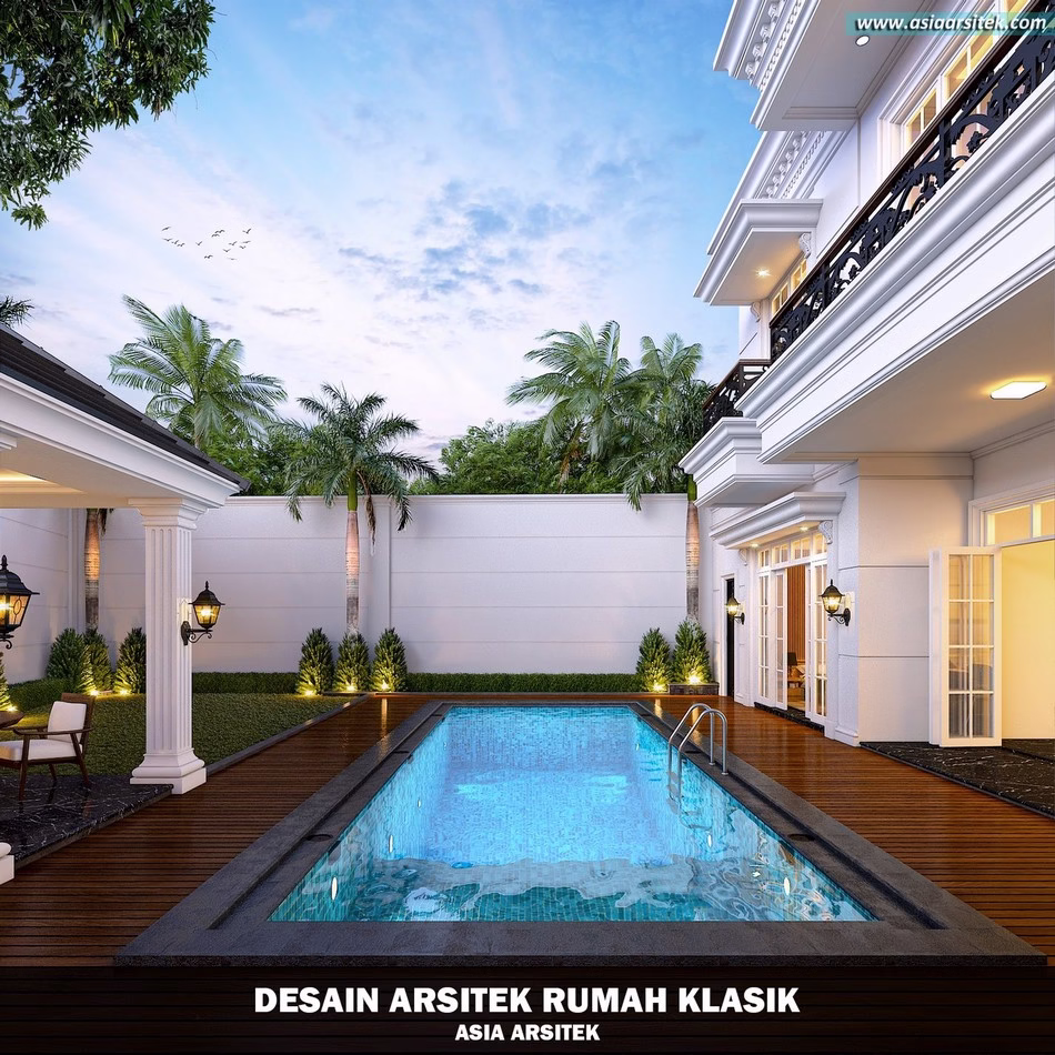 Desain rumah klasik 2 lantai mewah dengan pilar besar dan kolam renang pribadi