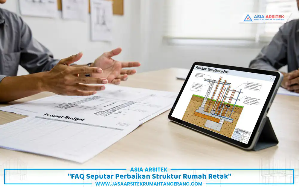 sesi konsultasi jasa perbaikan struktur rumah retak Tangerang dengan penjelasan teknis