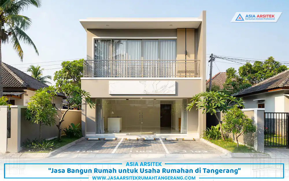 proyek bangun rumah usaha Tangerang dengan fasad modern dan area toko di bagian depan