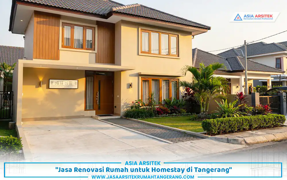 hasil proyek renovasi rumah homestay Tangerang dengan tampilan fasad estetik dan pencahayaan hangat