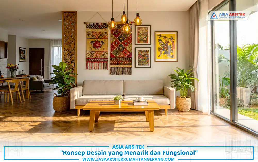 konsep desain interior renovasi rumah homestay Tangerang dengan lounge modern dan dekorasi lokal