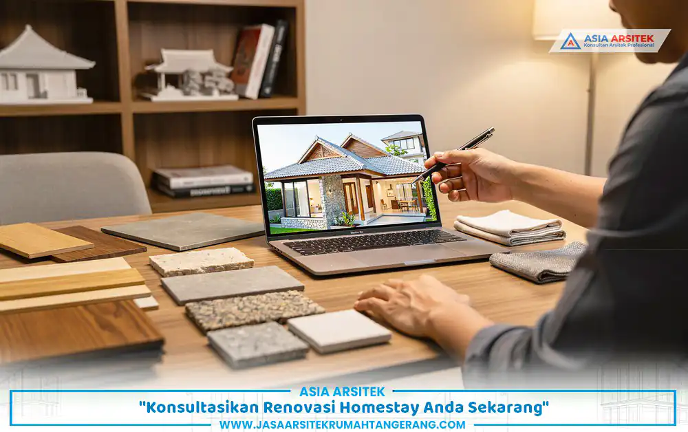 presentasi akhir renovasi rumah homestay Tangerang dengan visualisasi fasad dan interior