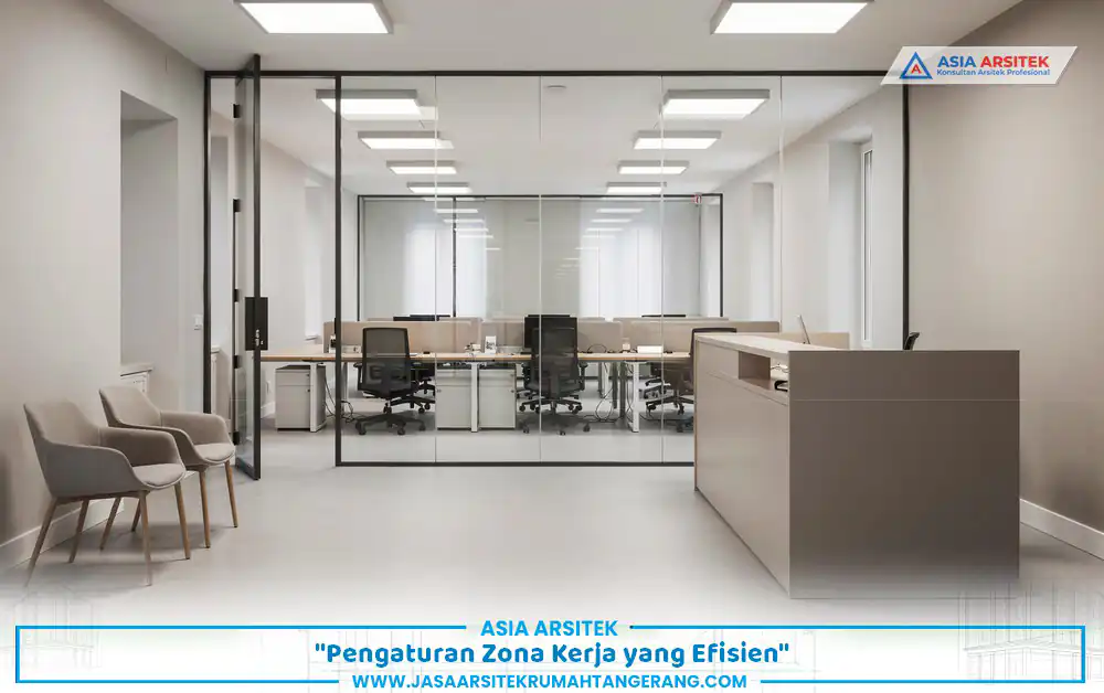 pengaturan zona pada renovasi rumah kantor Tangerang dengan resepsionis di area depan