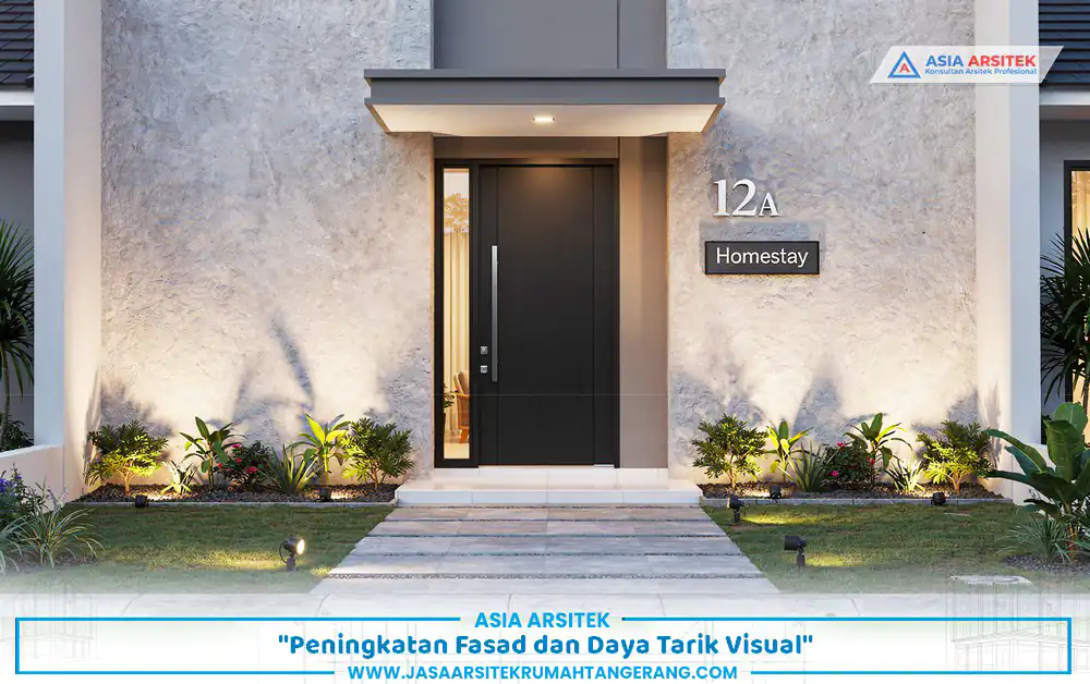 pembaruan fasad renovasi rumah homestay Tangerang dengan pintu masuk dan lampu eksterior modern