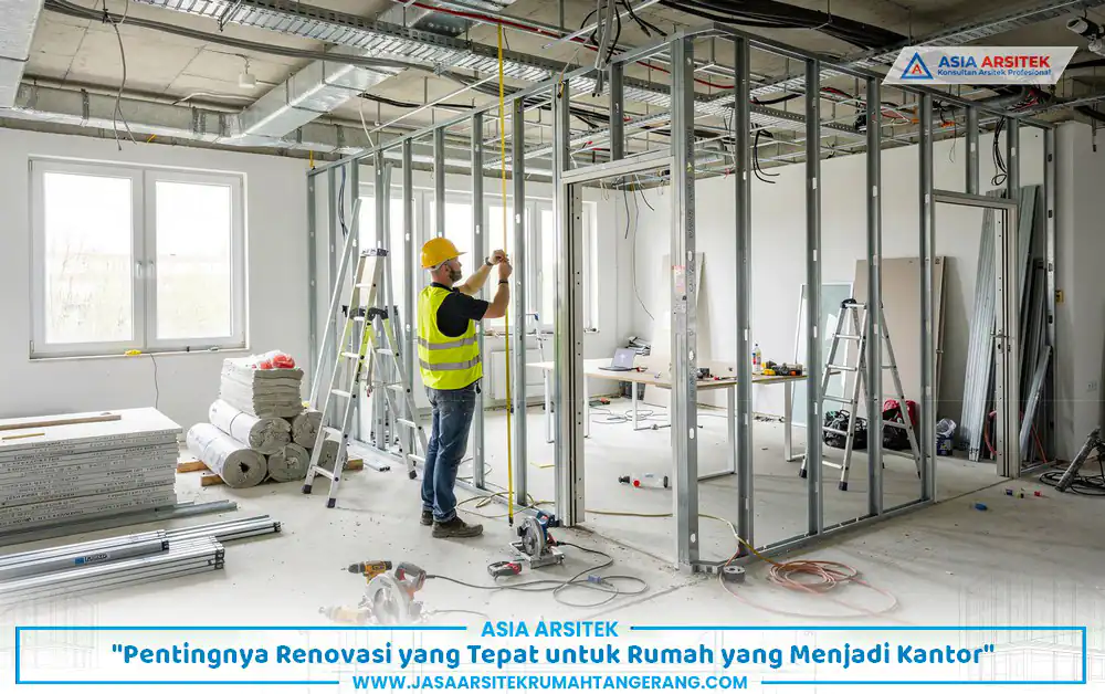 proses renovasi rumah kantor Tangerang dengan pembagian ruang meeting dan area kerja karyawan