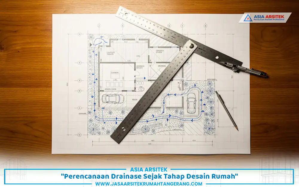 perencanaan teknis drainase taman carport pada gambar arsitektur