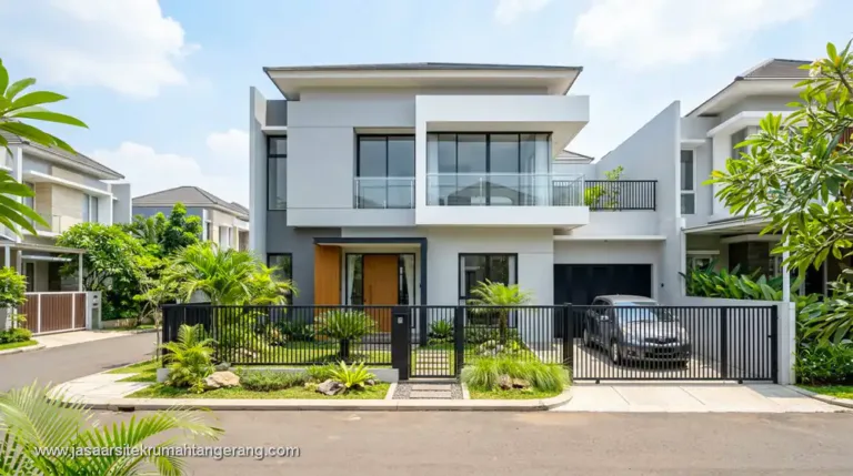 jasa bangun rumah borongan full di Tangerang tampak eksterior modern dua lantai