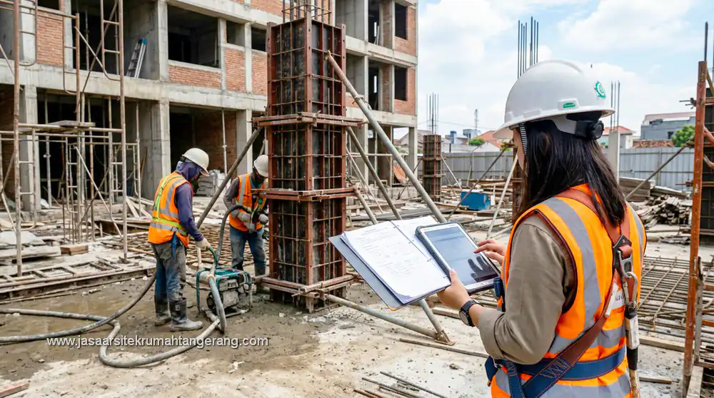 kontraktor profesional Asia Arsitek mengawasi pengecoran beton standar mutu tinggi di Tangerang