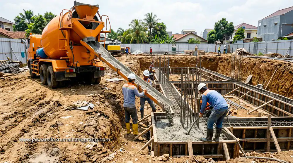 standar mutu beton K-250 pada pengecoran pondasi rumah dua lantai di kawasan Tangerang